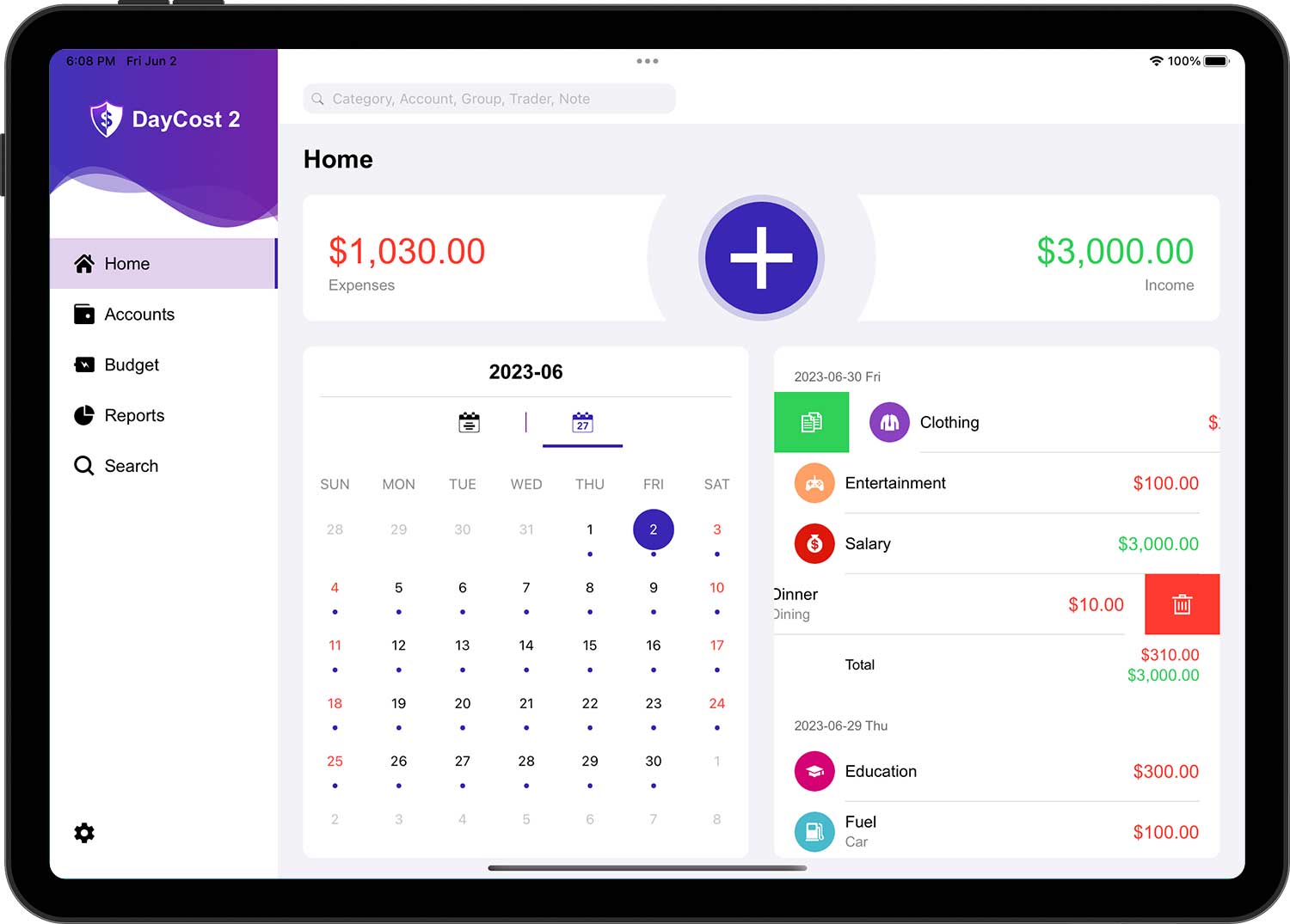 DayCost 2 - Main Page - iPad