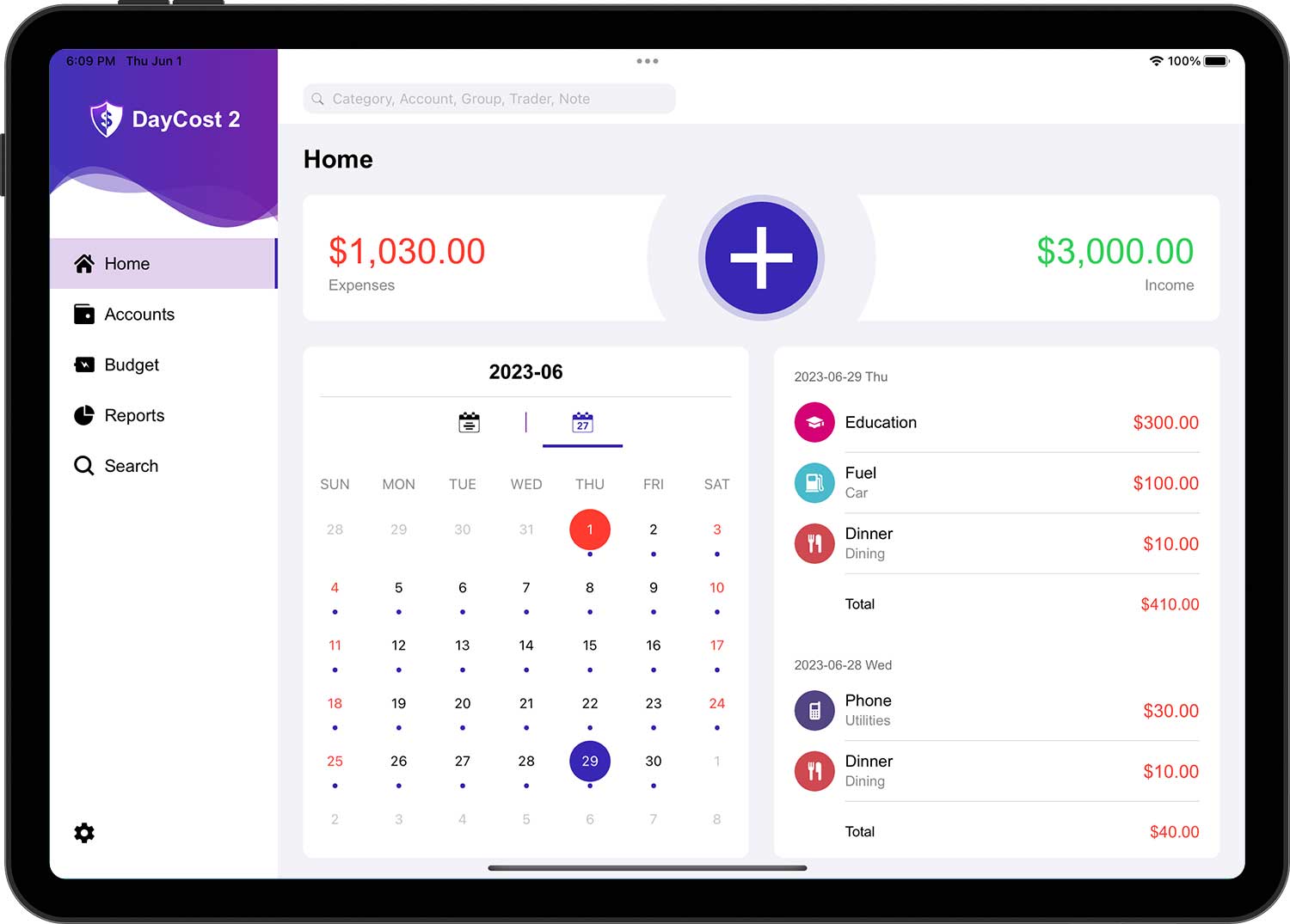 DayCost 2 - Main Page - iPad