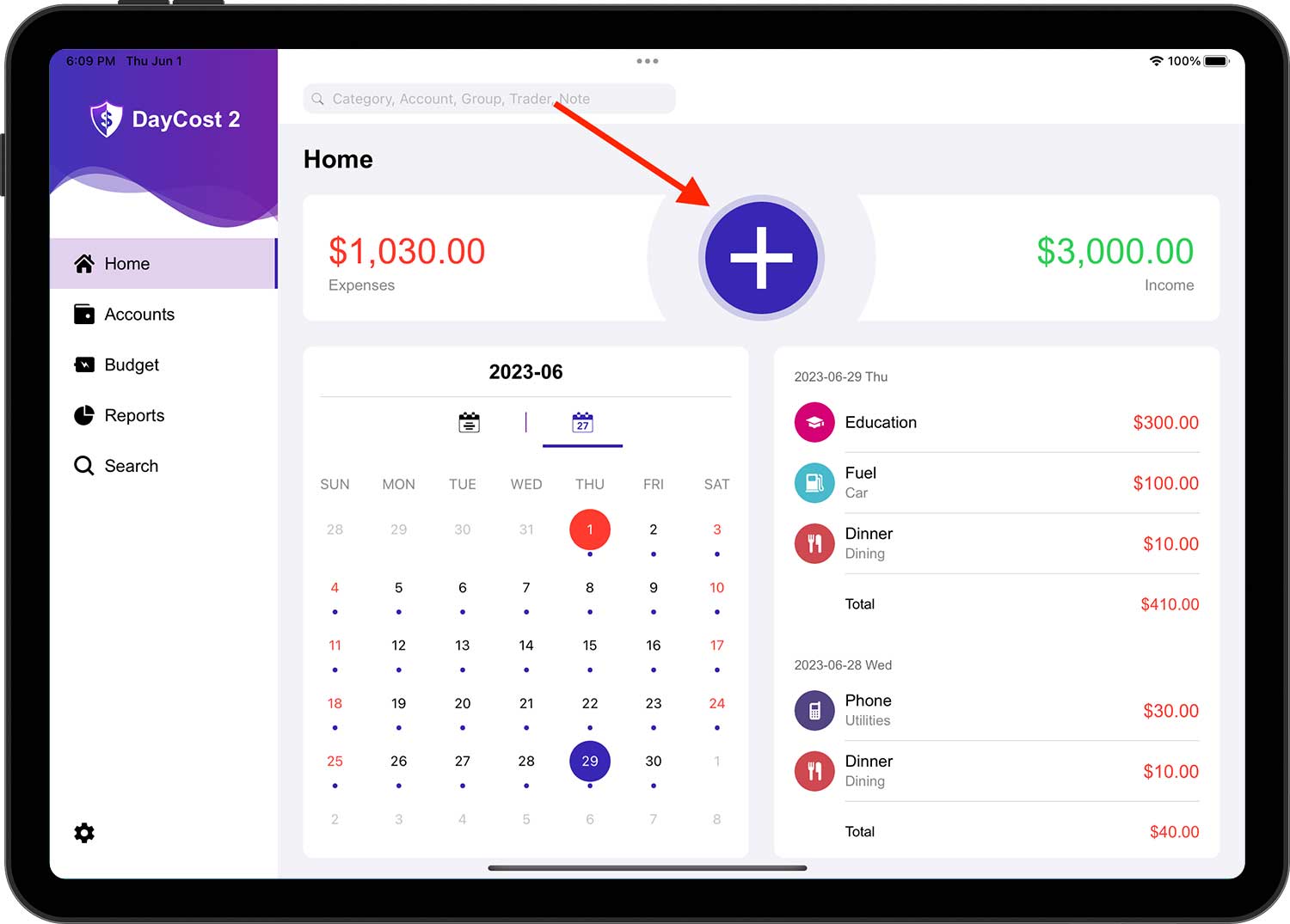 DayCost 2 - Main Page - iPad